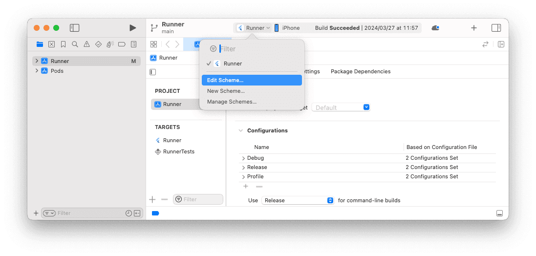 Xcode スキーマ編集選択